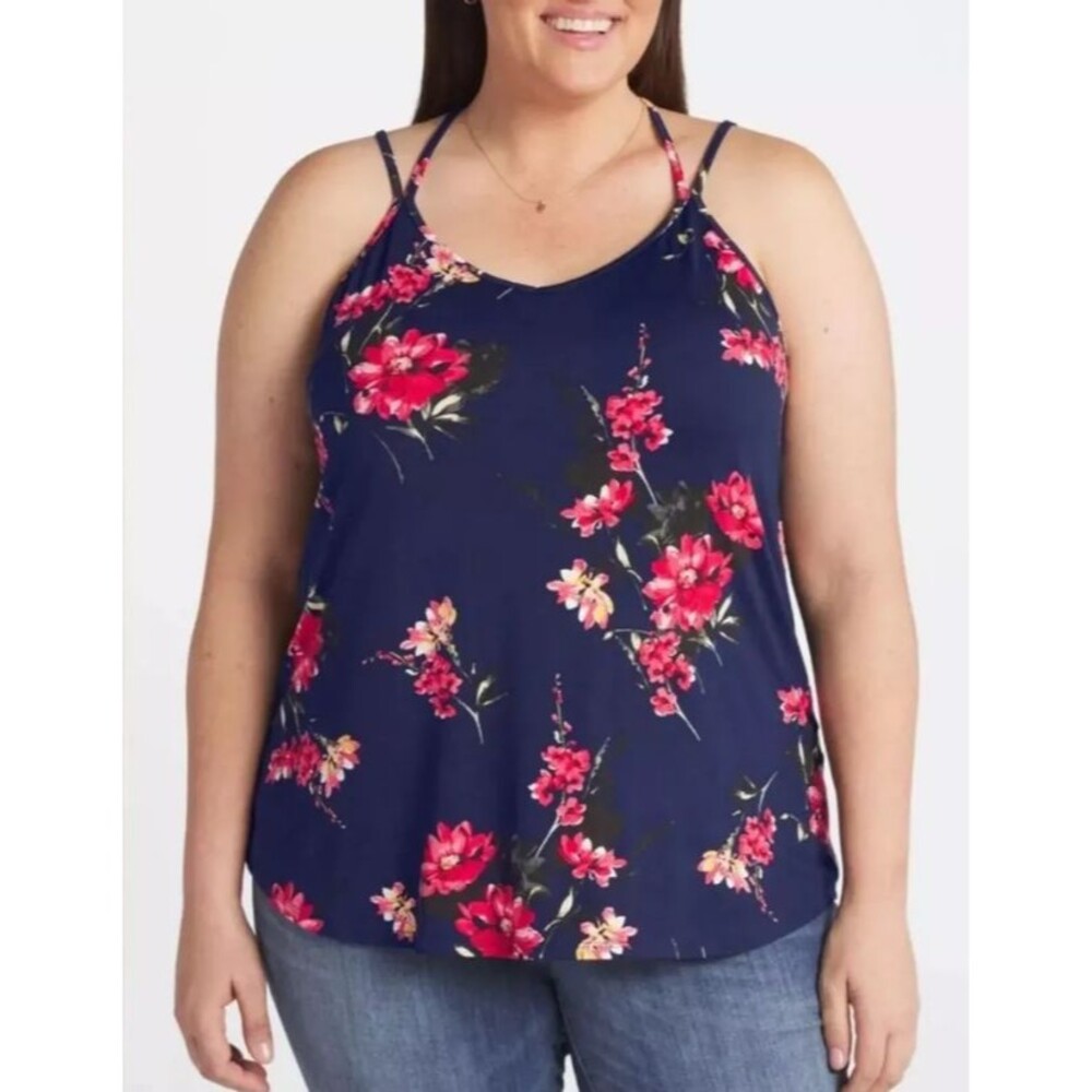 Papermoon Womens 3X Tank Top Shirt‎ Open Back Navy Blue Floral Strappy Knit NWT